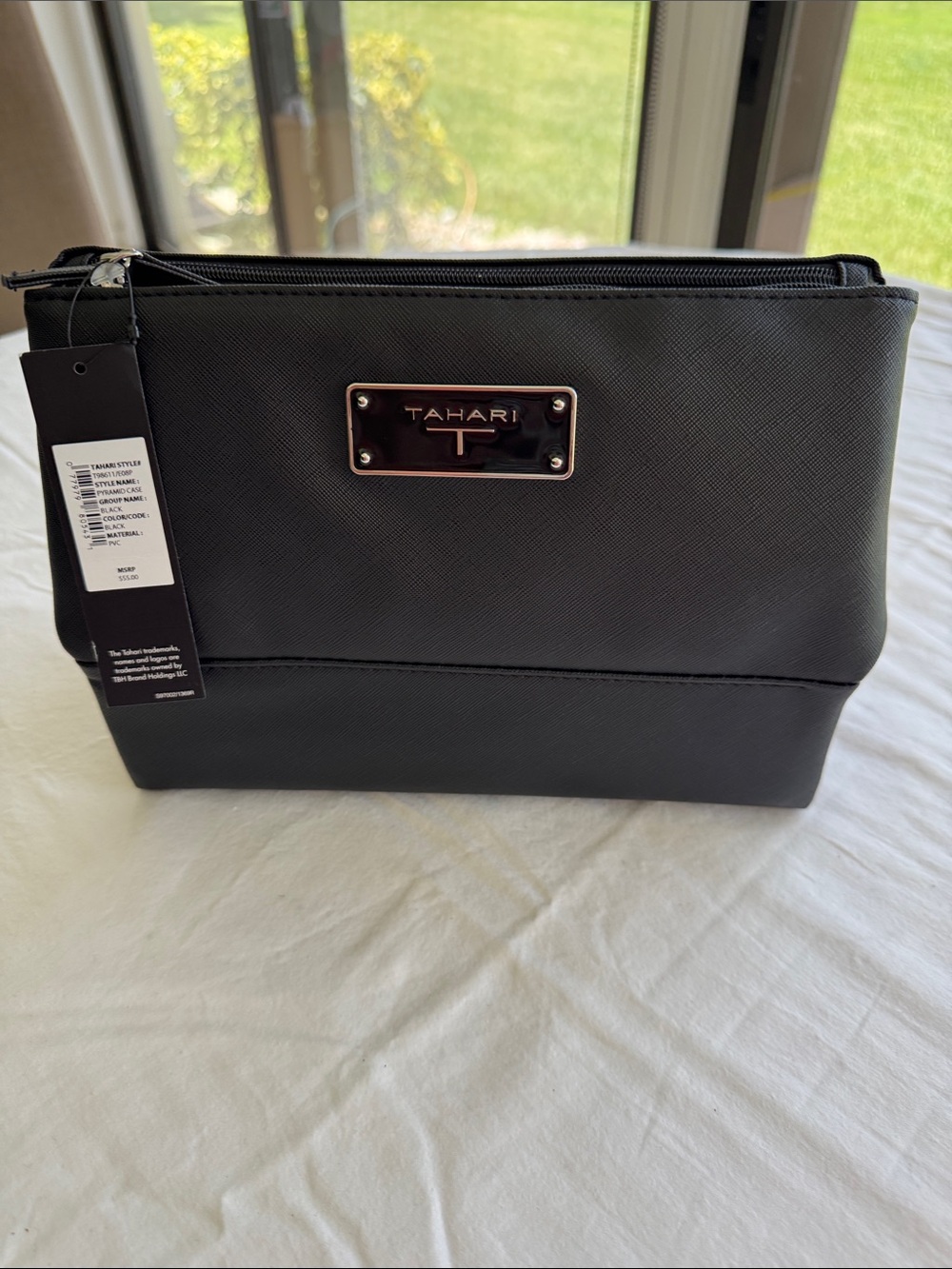 Tahari Black Textured Cosmetic Pouch with Logo Plaque